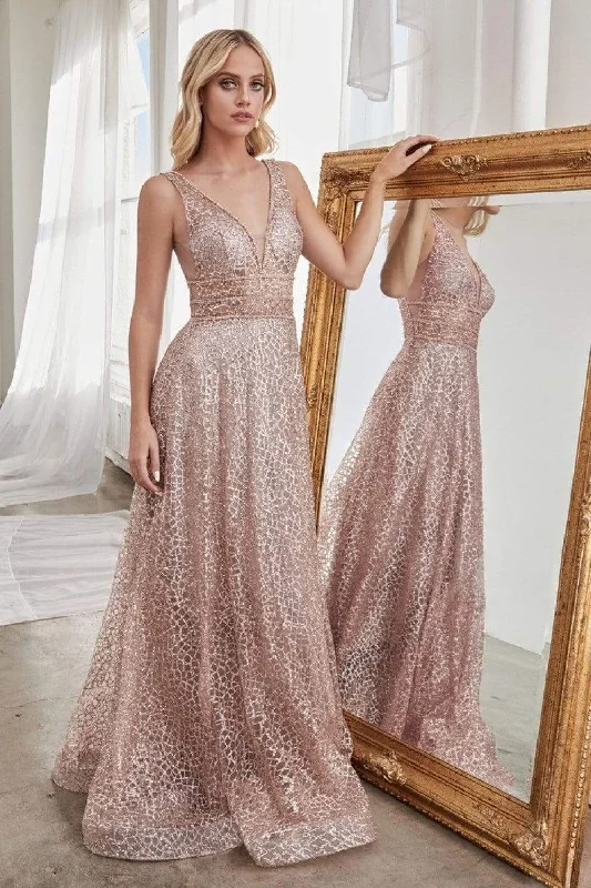 Women's Online Boutique Cinderella Divine - CJ256 V-Neck Glitter Print A-Line Prom Gown