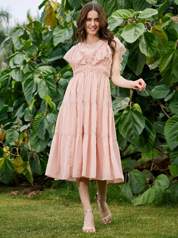 Limited Time Special Offer Women Nude Frilly Tiered Midi Dress