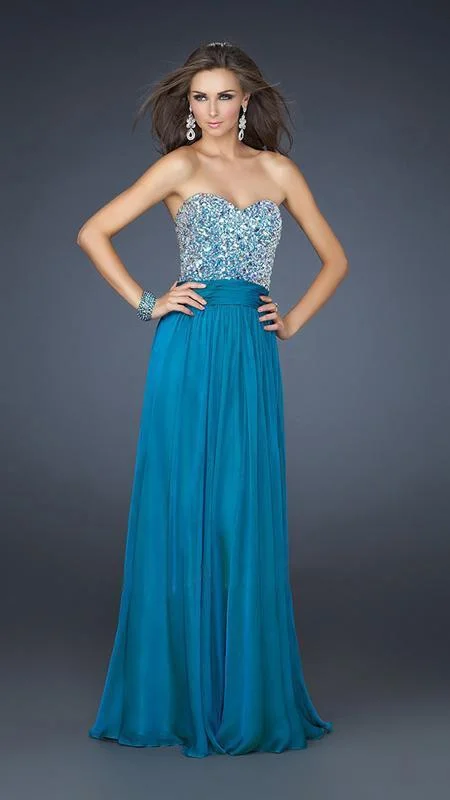The Latest Fashion Trends La Femme Embellished Strapless Ruched Evening Gown