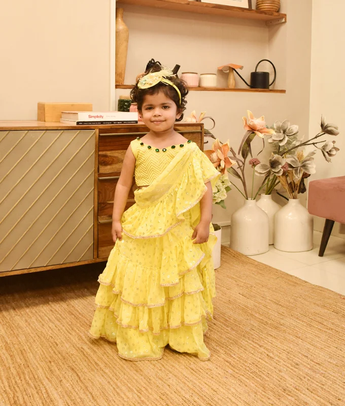 Trendsetting Threads Pre-Order - Yellow Sequin Foil Printed Saree for Girls