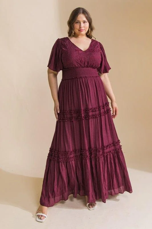 Trendy Clothing Sale Mulberry Wine plus size solid lace maxi dress