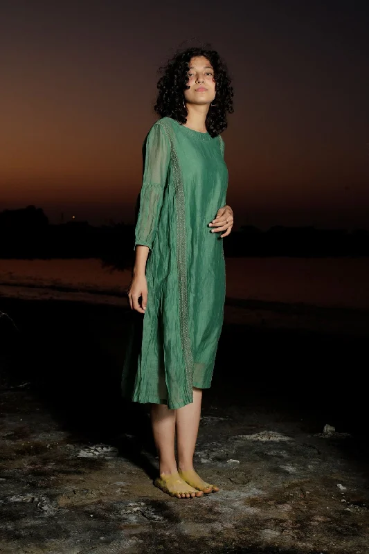 Casual Chic Green Embroidered Chanderi Dress with Slip