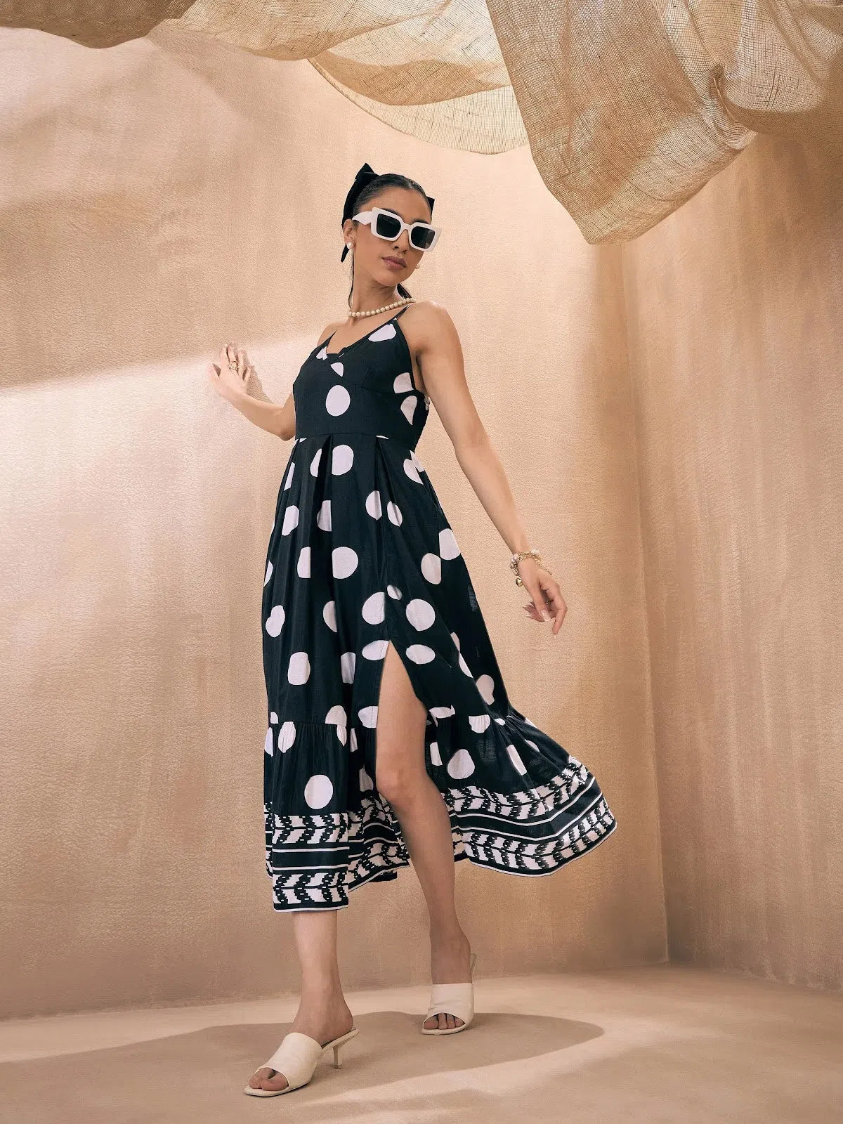 Elegant Attire For The Modern Lady Women Black Polka Dot Front Slit Strappy Midi Dress