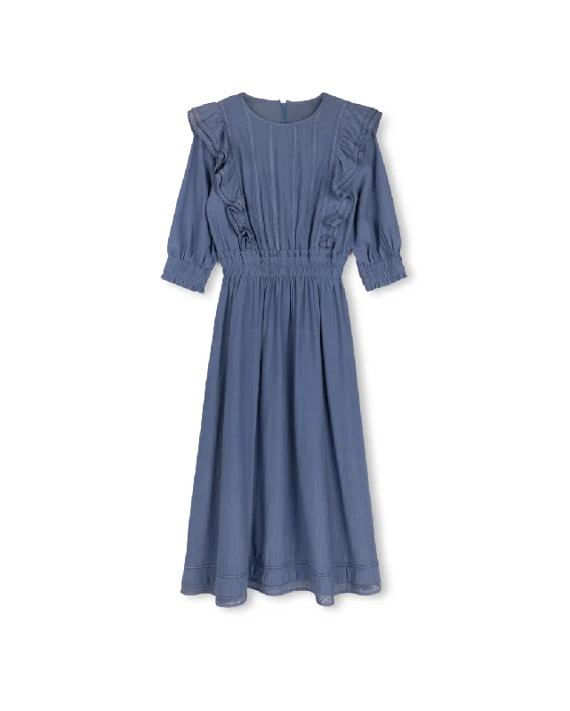 Relaxed Style Lace Trim Side Ruffled Midi Dress