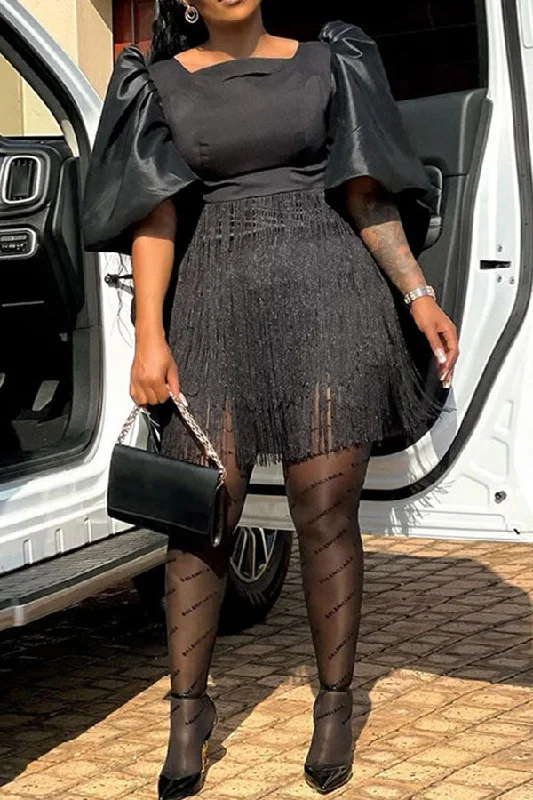 Relaxed Fashion Solid Color Puff Sleeve Smart Patchwork Tassel Mini Dress