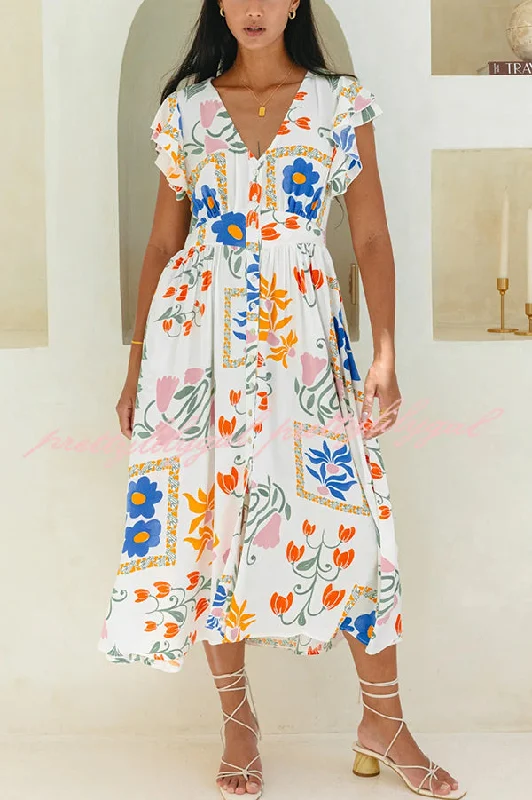 Evening Elegance Boho Floral Print Buttoned V-neck Midi Dress