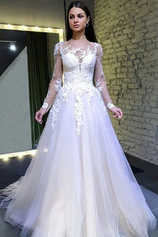 Feminine Dresses for Women in Bold Prints Roycebridal Tulle A-line Long Sleeves Round Neck Lace Appliques Wedding Dresses,MW395