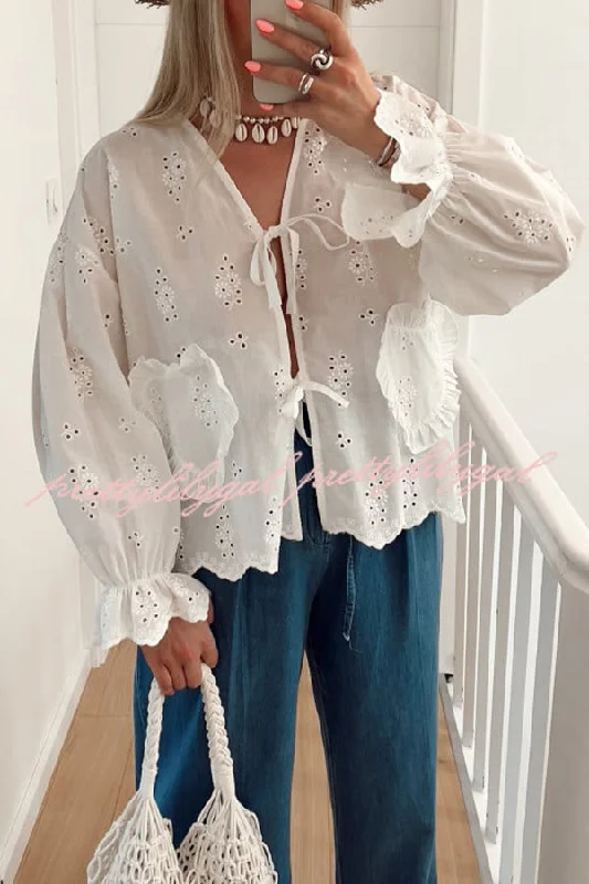 Top Deals Floral Embroidered V-neck Lace-up Long-sleeved Loose Top