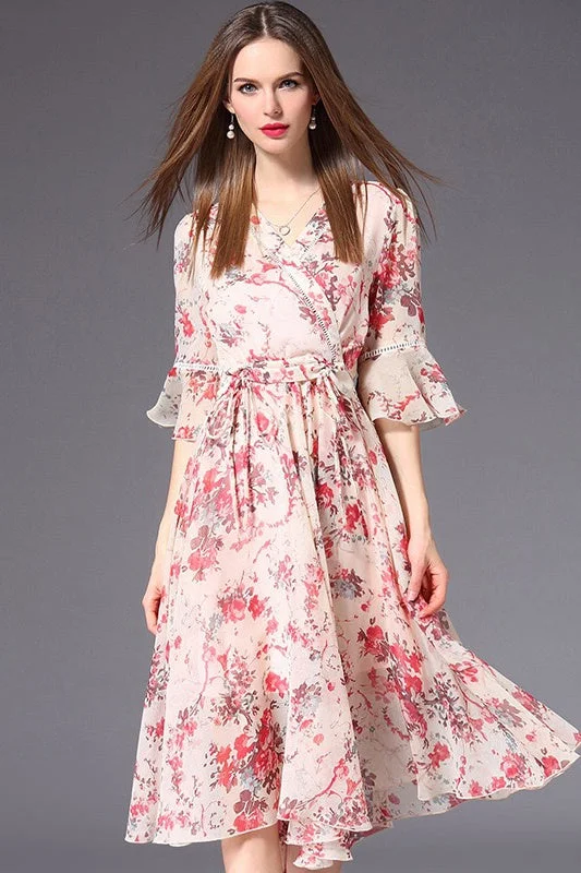 Bid Farewell To The Old Season Floral Print Chiffon Dress
