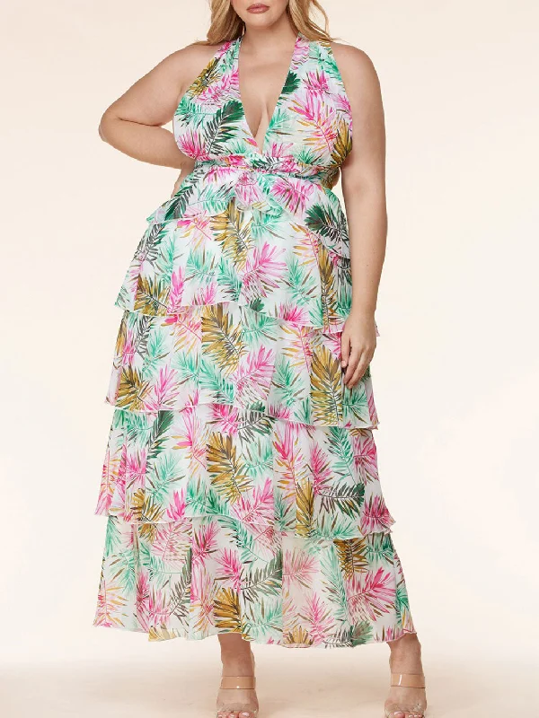 Travel Essentials PLUS SIZE SLEEVELESS V-NECK CROSS BACK FLORAL MAXI DRESS