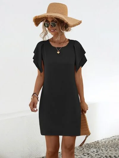 Relaxed Style Round Neck Flutter Sleeve Mini Dress