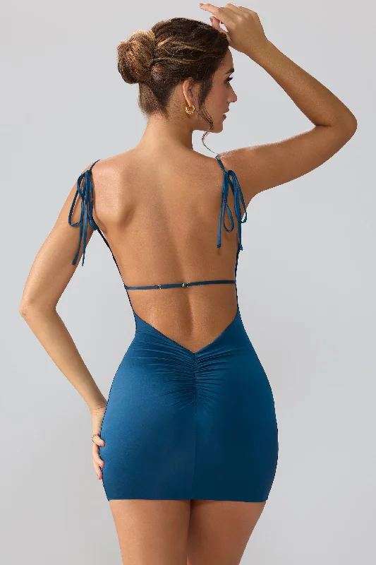 Fashion Forward Slinky Jersey Open Back Mini Dress in Midnight Blue