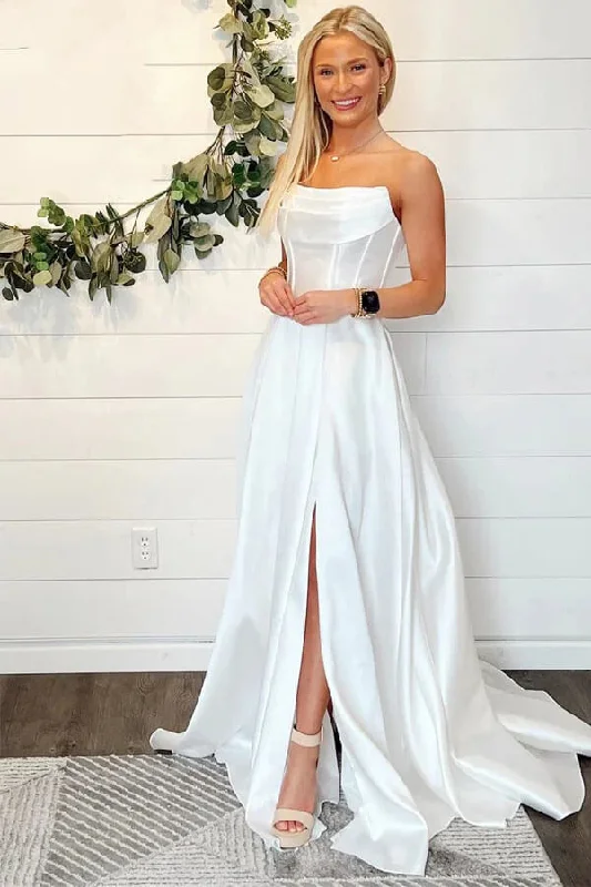 Trendy Casual Outfits Roycebridal Satin A-line Strapless Simple Wedding Dresses With Slit, Bridal Gown, MW1022 Trendy Casual Outfits Roycebridal Satin A-line Strapless Simple Wedding Dresses With Slit, Bridal Gown, MW1022