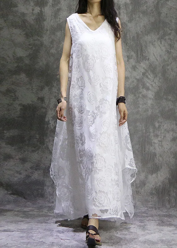 Modern Women’s Fashion with Vintage Touches Plus Size White Asymmetrical Floral Silk Vacation Dresses Sleeveless Modern Women’s Fashion with Vintage Touches Plus Size White Asymmetrical Floral Silk Vacation Dresses Sleeveless