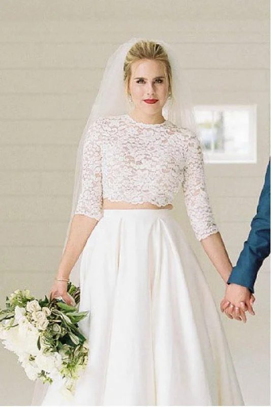 Women’s Evening Wear Roycebridal Satin Two Piece Half Sleeves Lace Top Wedding Dresses, Bridal Gowns, MW990 Women’s Evening Wear Roycebridal Satin Two Piece Half Sleeves Lace Top Wedding Dresses, Bridal Gowns, MW990