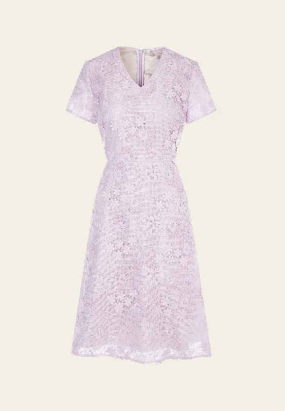 Chic Casual Style Lilac V-neck Lace Midi Dress