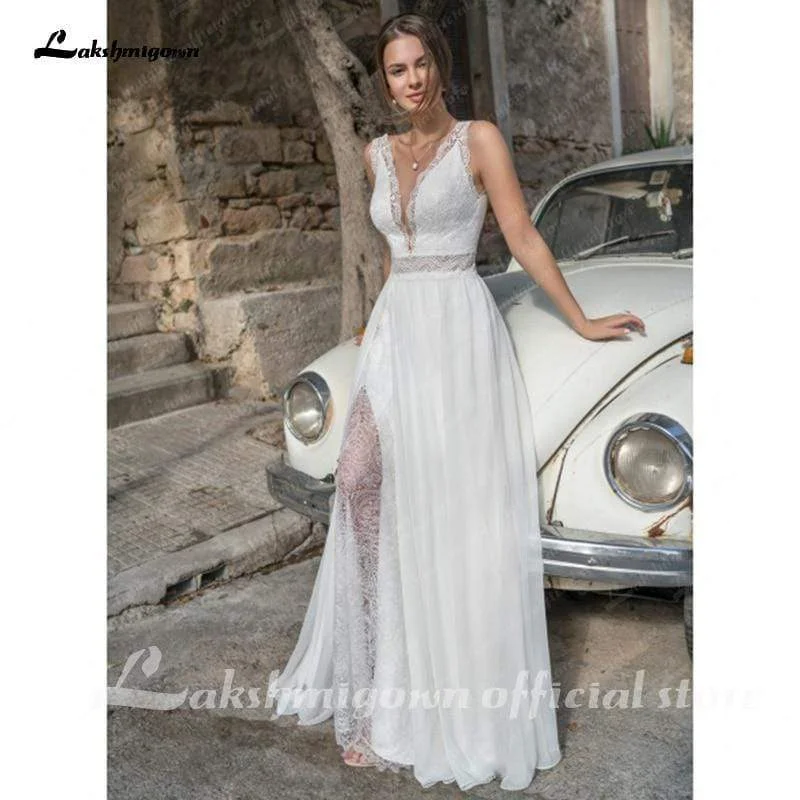 Online Boutique Clothing Roycebridal Split Lace Bridal Dress Summer Wedding Dresses Sexy Lace V neck A Line