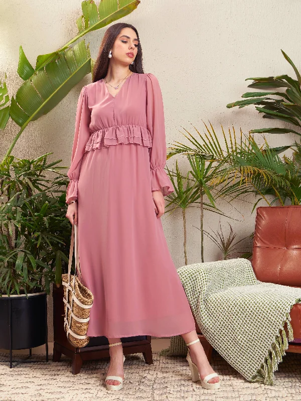 Chic Styles Women Pink Peplum Maxi Dress