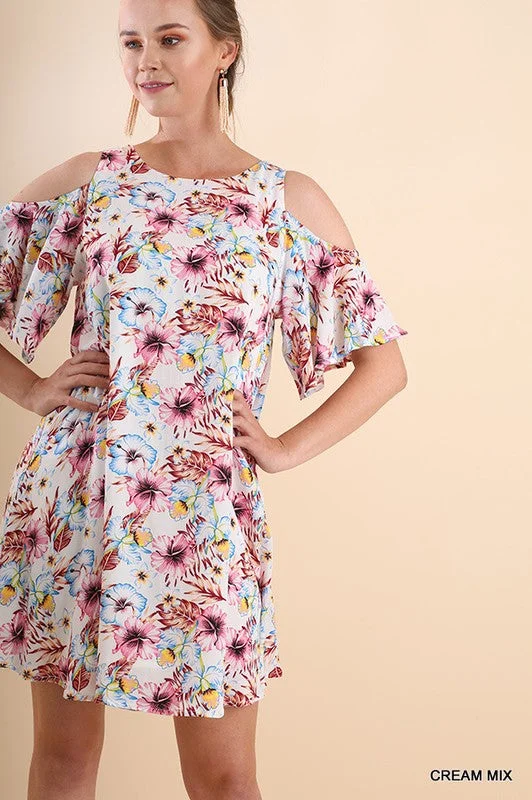 Trendy Street Style Attire Floral Cold Shoulder Mini Dress