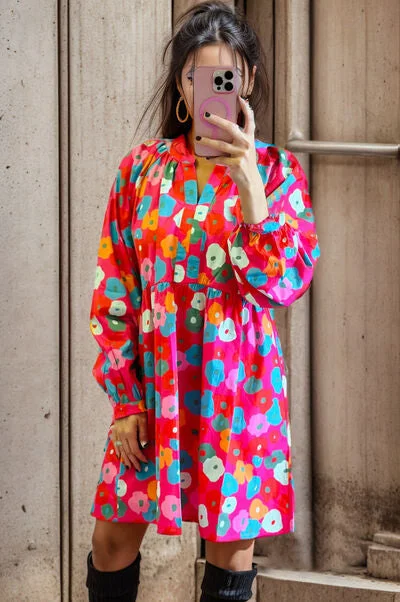 Feminine Dresses for Women in Bold Prints Printed Notched Raglan Sleeve Mini Dress