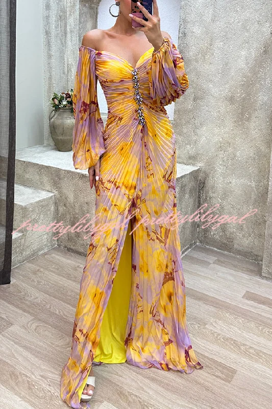 Versatile Outfits Sunset Serenade Printed Off Shoulder Diamond Embellished Pleated Slit Maxi Dress