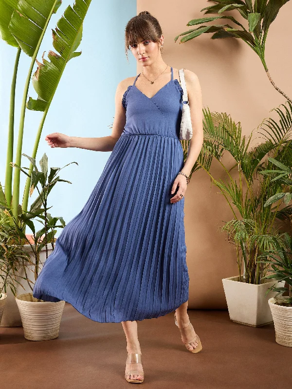 Fashion Sale Women Blue Strappy Pleated Maxi Dress