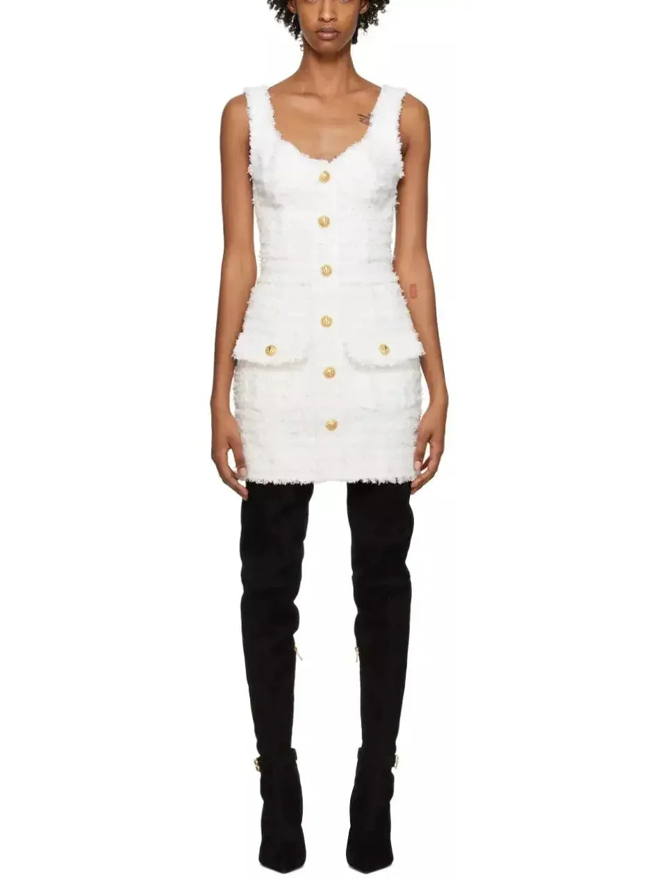 High End Women's Wear Sleeveless Tweed Buttoned Mini Dress, White