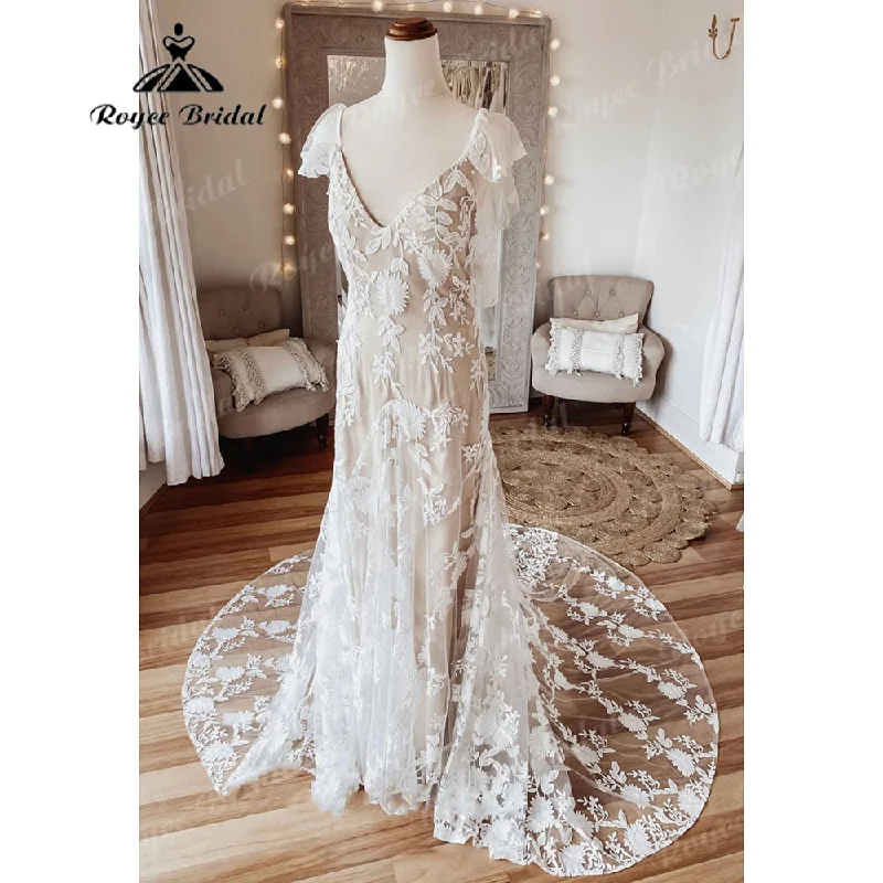 You'Ll Love Us Because Vintage Behemian Boho Full Lace Backless Beach Wedding Dress with V Neck 2025 Bridal Gowns vestido de noiva simples Roycebridal You'Ll Love Us Because Vintage Behemian Boho Full Lace Backless Beach Wedding Dress with V Neck 2025 Bridal Gowns vestido de noiva simples Roycebridal