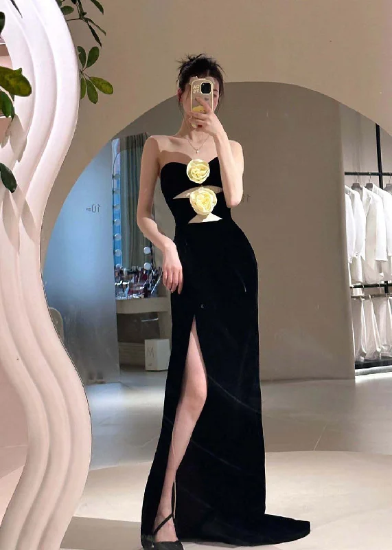 Luxe Women's Fashion Slim Fit Black Side Open Patchwork Floral Cotton Dresses Vestidos Sleeveless Luxe Women's Fashion Slim Fit Black Side Open Patchwork Floral Cotton Dresses Vestidos Sleeveless