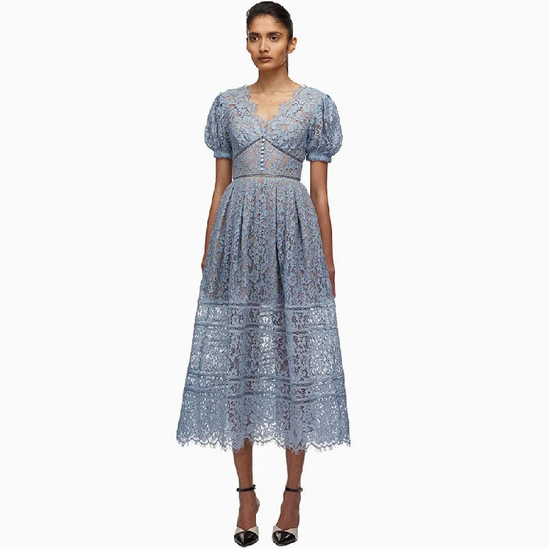 Plus Size Women’s Fashion and Clothing Elegant Puff Sleeve V Neck Embroidered Lace Midi Dress - Dusty Blue Plus Size Women’s Fashion and Clothing Elegant Puff Sleeve V Neck Embroidered Lace Midi Dress - Dusty Blue