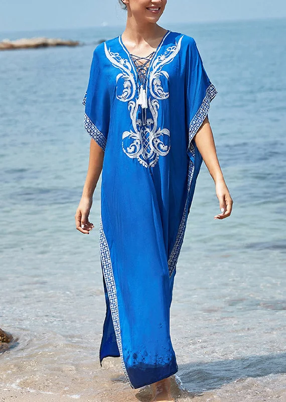 High-End Women’s Apparel Art Blue Embroideried Floral Side Open Maxi Holiday Dress Short Sleeve High-End Women’s Apparel Art Blue Embroideried Floral Side Open Maxi Holiday Dress Short Sleeve