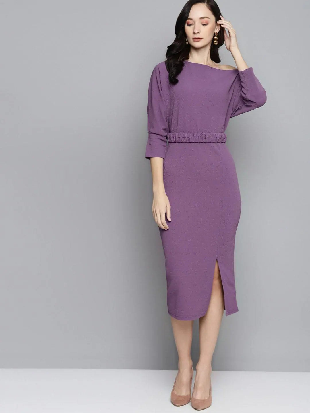 Holiday Discount Lavender Belted Drop Shoulder Midi Dress