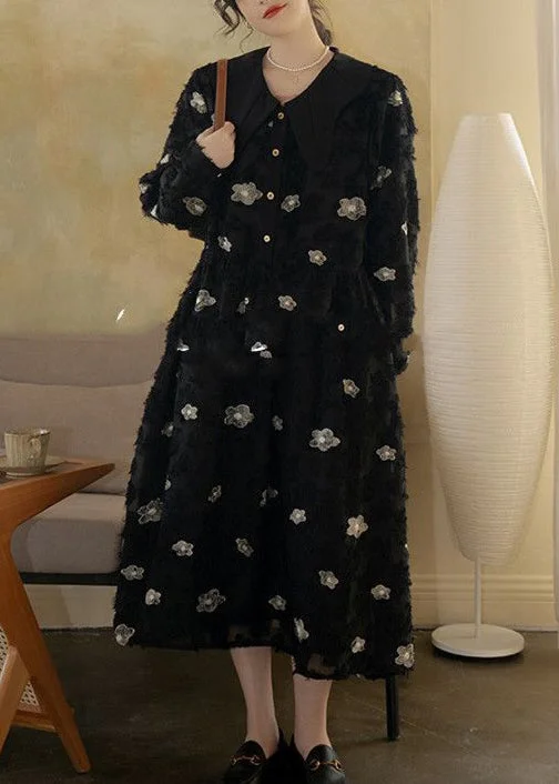 Big Sale Event Floral Black Peter Pan Collar Embroideried Cotton Long Dress Spring