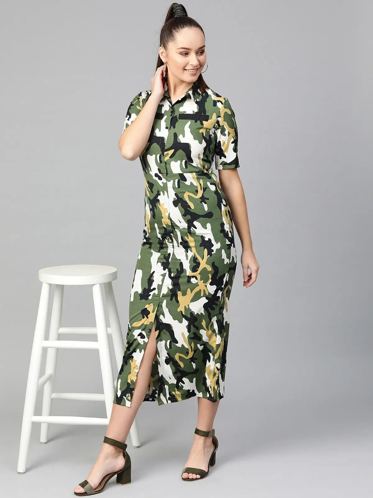 Seasonal Style Discounts Military Shirt Maxi Dress-ZL9002NAVY-S