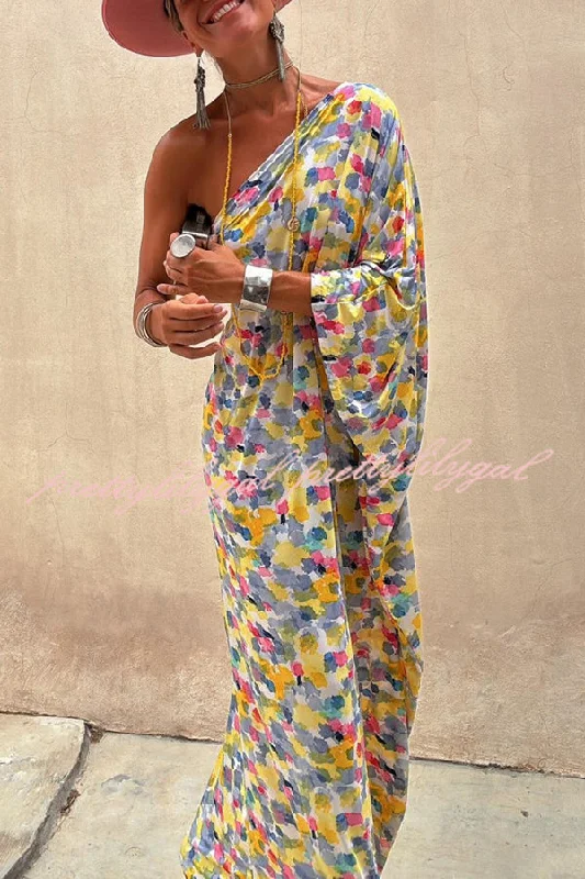 Big Discounts Indio Watercolor Print One Shoulder Drape Sleeve Maxi Dress