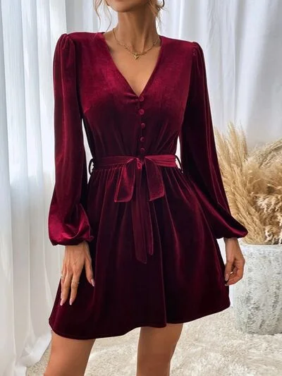 Sophisticated Women’s Fashion V-Neck Tie Waist Mini Dress