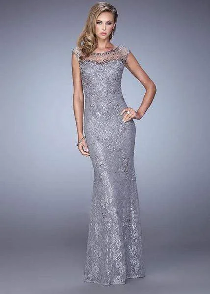 Vibrant Femme Fashion La Femme - Sparkling Lace Sheath Gown 20673 - 1 pc Platinum in Size 10 Available