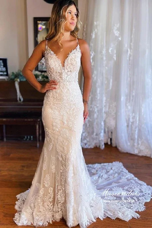 Women's Clothes Online Shopping Roycebridal Tulle Mermaid Spaghetti Straps V-neck Lace Appliques Wedding Dresses, MW870 Women's Clothes Online Shopping Roycebridal Tulle Mermaid Spaghetti Straps V-neck Lace Appliques Wedding Dresses, MW870
