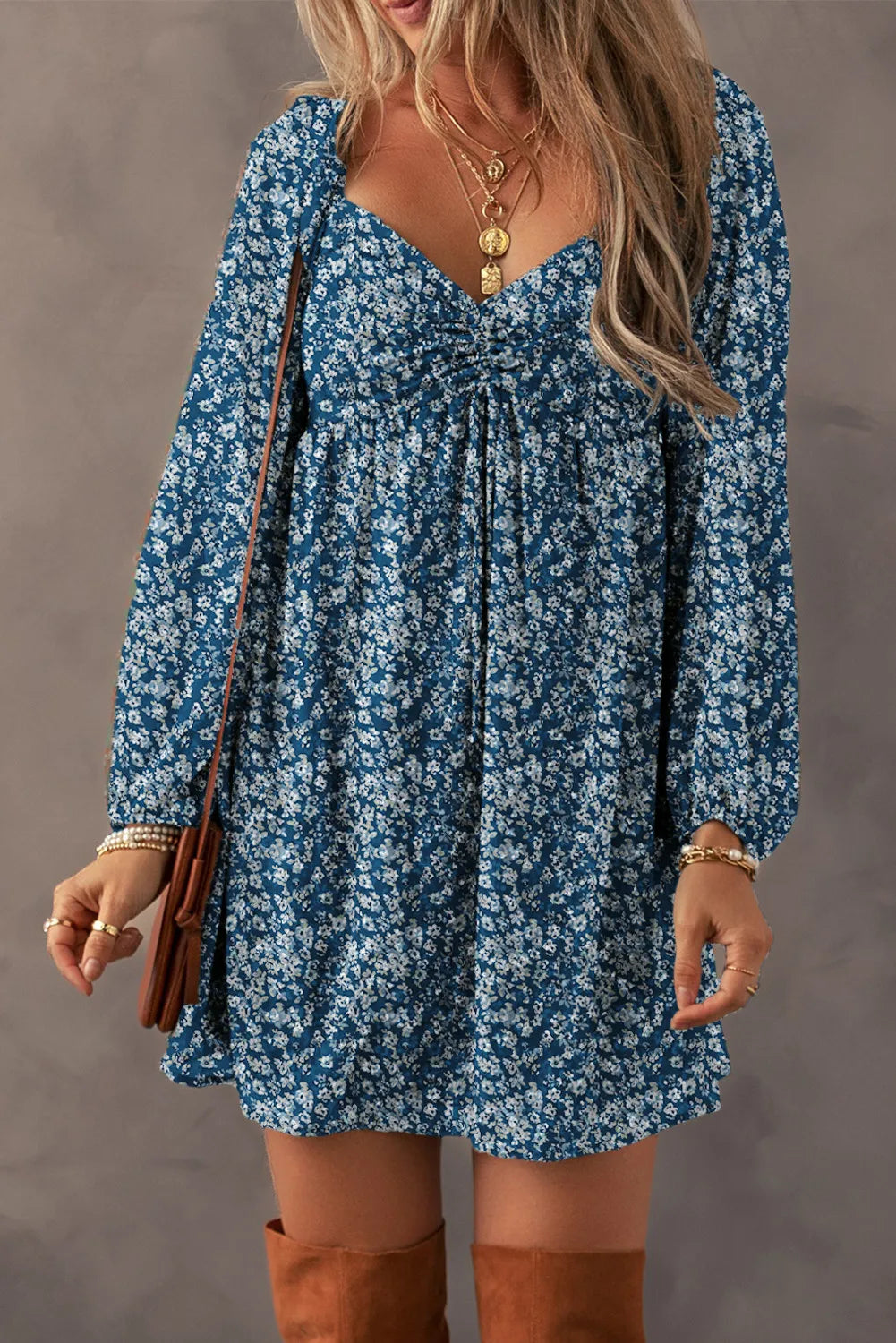 Sale Clothes Online Ruched Printed Long Sleeve Mini Dress