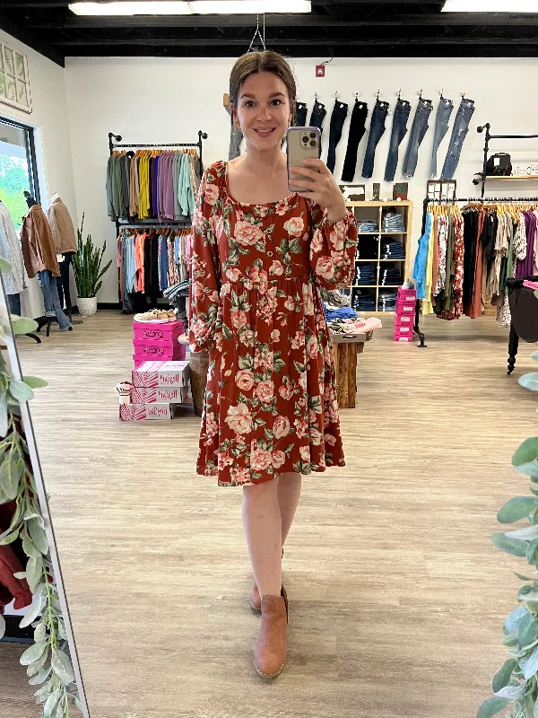 Fashion Sale Rust Floral Long Sleeve Dress