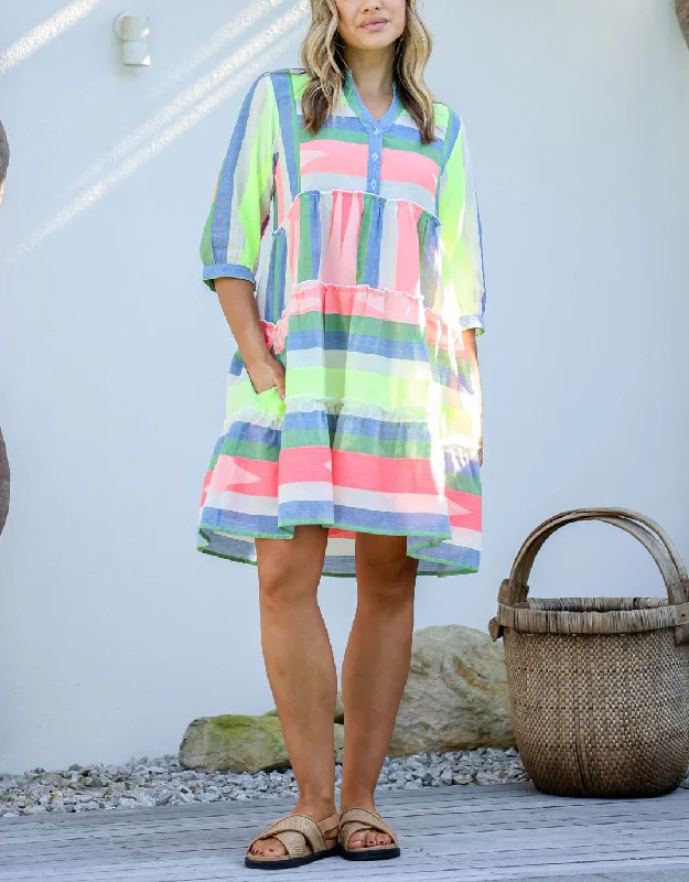 Casual Fashion Brianna Button Front Dress - Blue/Green/Mango