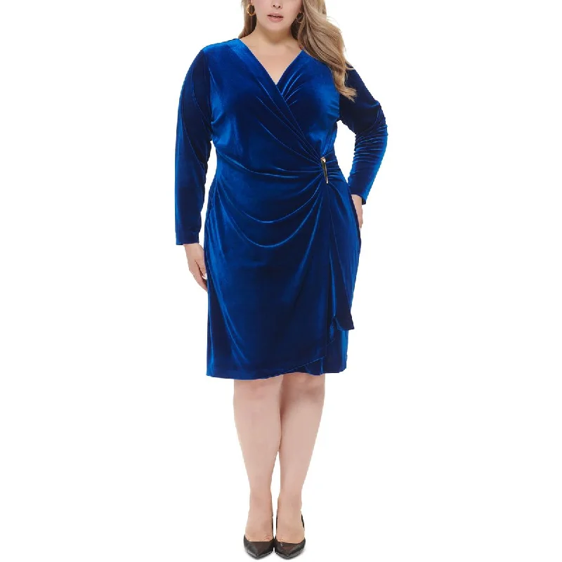 Women Wear Brands Calvin Klein Womens Plus Velvet Knee Midi Dress