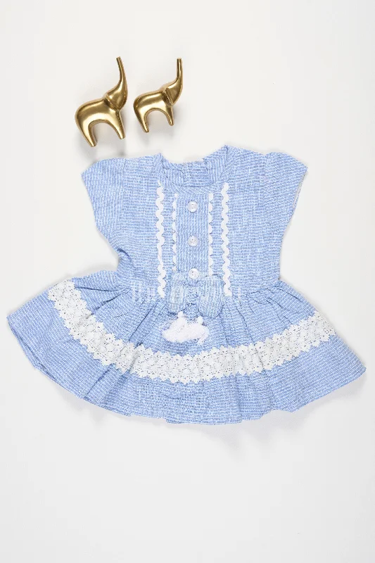 Chic & Cozy Apparel Blue Cotton Baby Frock with Horizontal Stripes and Lace Embellishment for Girls Chic & Cozy Apparel Blue Cotton Baby Frock with Horizontal Stripes and Lace Embellishment for Girls