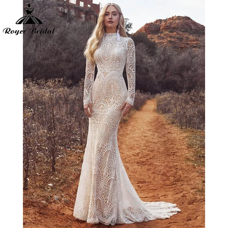 Trendy Street Style Attire Mermaid Boho Beach Wedding Dresses with Back Buttons Lace High Neck Floral Print Long Sleeve Vestidos De Novia Roycebridal 2025 Trendy Street Style Attire Mermaid Boho Beach Wedding Dresses with Back Buttons Lace High Neck Floral Print Long Sleeve Vestidos De Novia Roycebridal 2025