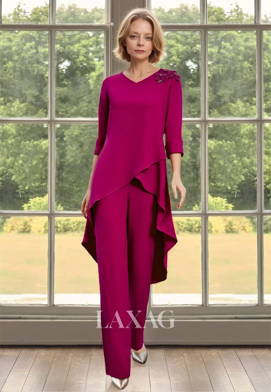 Premium Fabrics Long-Sleeves V-Neck Beaded Mother of the Bride Dress Floral Embossed Tiered Cocktail Gowns with Trousers Premium Fabrics Long-Sleeves V-Neck Beaded Mother of the Bride Dress Floral Embossed Tiered Cocktail Gowns with Trousers