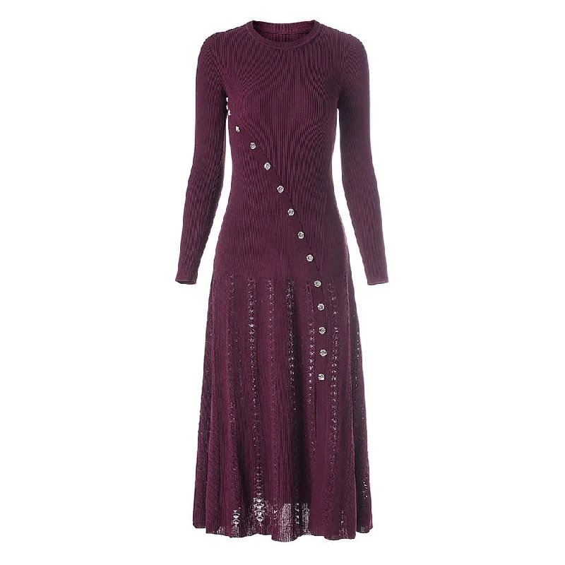 Luxury Women’s Fashion Elegant Long Sleeve Button Trim Pointelle Ribbed Knit Fishtail Sweater Midi Dress Luxury Women’s Fashion Elegant Long Sleeve Button Trim Pointelle Ribbed Knit Fishtail Sweater Midi Dress