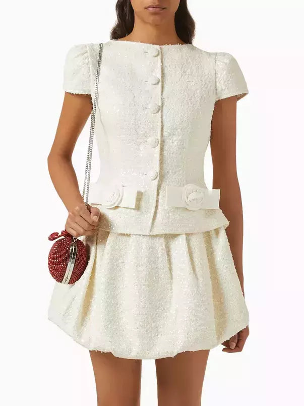 Premium Style Bouclé Tweed Mini Dress with Rose and Bow Detail