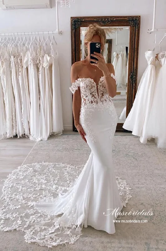 Clothing Store Roycebridal Satin Mermaid Off-the-Shoulder Wedding Dresses With Lace Appliques, MW872 Clothing Store Roycebridal Satin Mermaid Off-the-Shoulder Wedding Dresses With Lace Appliques, MW872