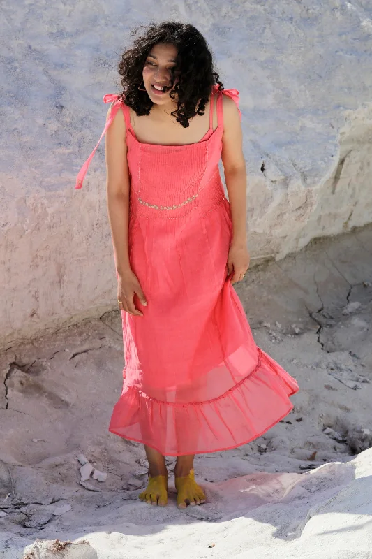 Stylish Women's Apparel Coral Embroidered Chanderi Dress with Slip