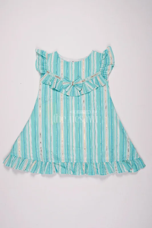 Modern Casual Clothing Girls Blue Striped Cotton Frock with Ruffles and Bow Details